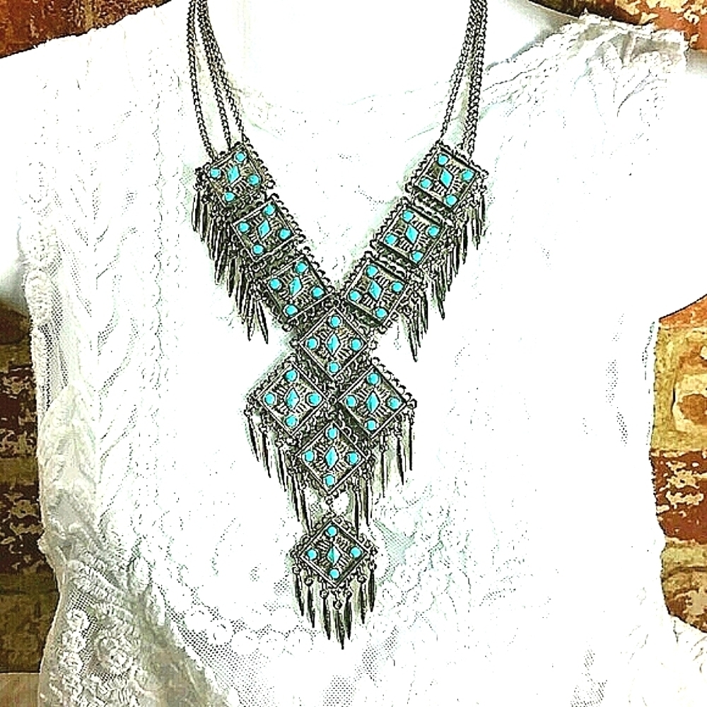 Necklace Turquoise blue cabochon Silver Bib Medallion Statement Bohemian Tribal
